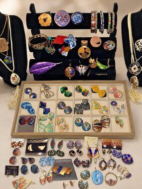 100+ Pieces Vintage Enamel & Cloisonné Jewelry Lot Earrings, Brooches, Pendants!
